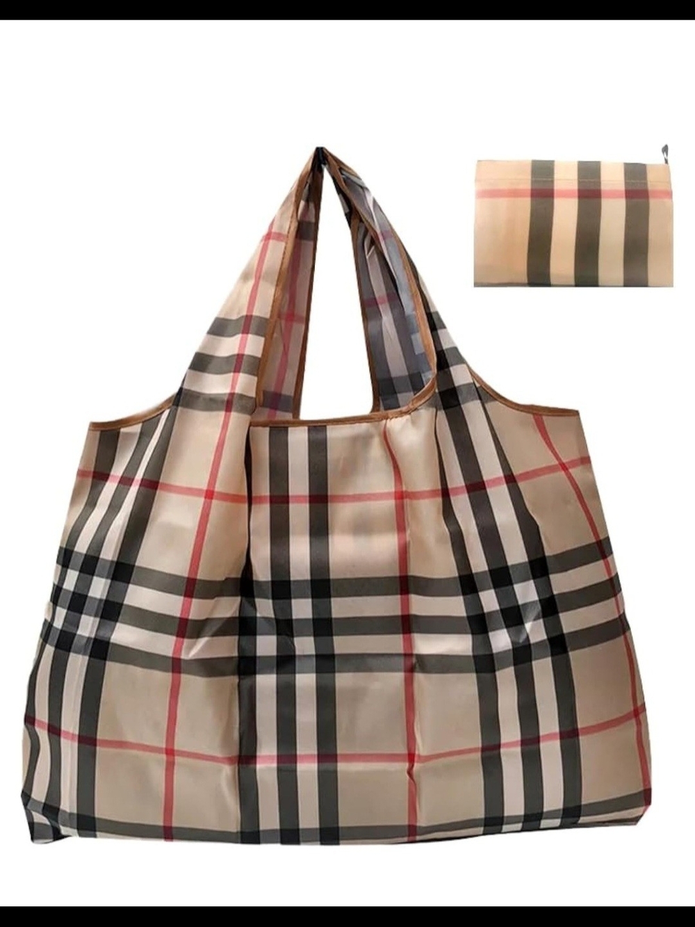 Beige Plaid Tote Bag with Brown Trim - Women - Picture 3 of 5